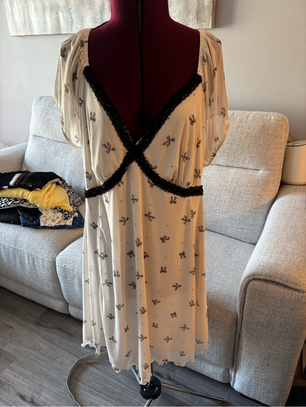torrid Cream Dress with Black Lace & Gray Floral Print